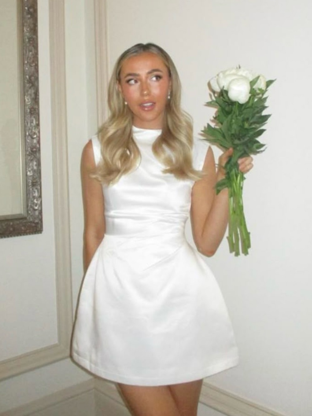 Odd Muse White Satin Straight Neck Mini Dress